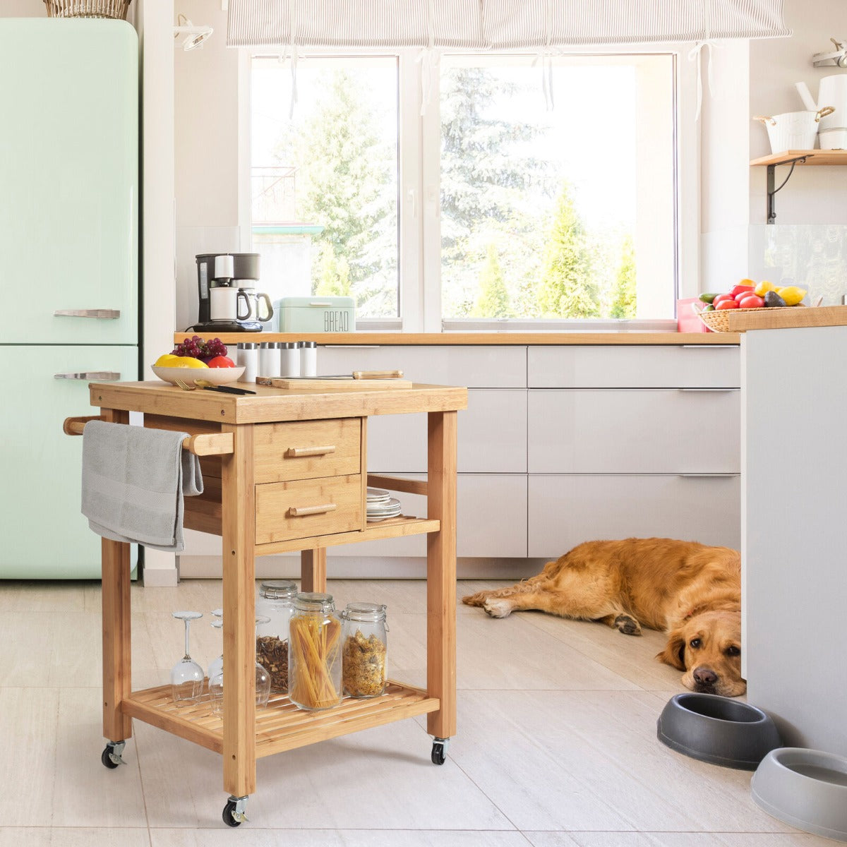 Rolling Bamboo Kitchen Island Cart with Drawers & Shelves for Dining Room