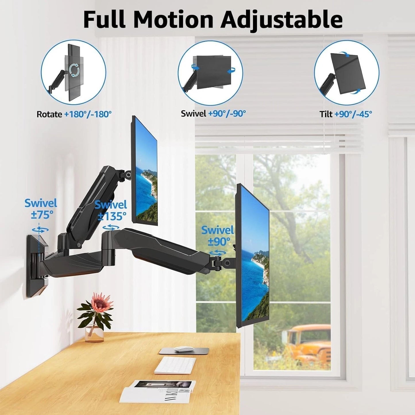 Dual Monitor Wall Mount for 17-32 Inch Screens, Gas Spring Computer Wall Mount