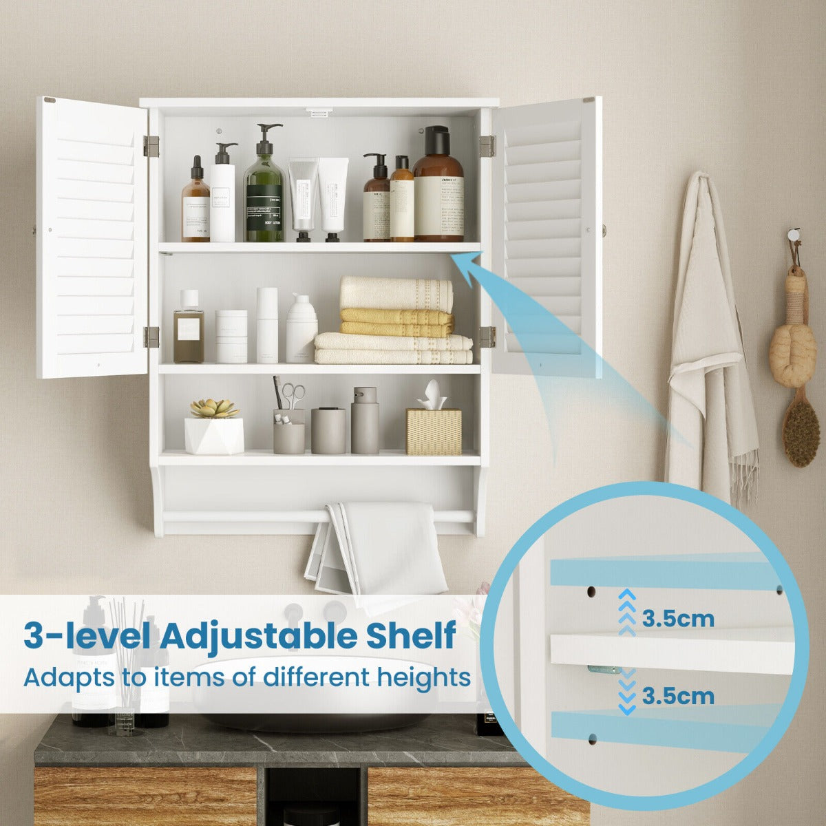 Bathroom Wall Cabinet with 2 Louvered Doors-White