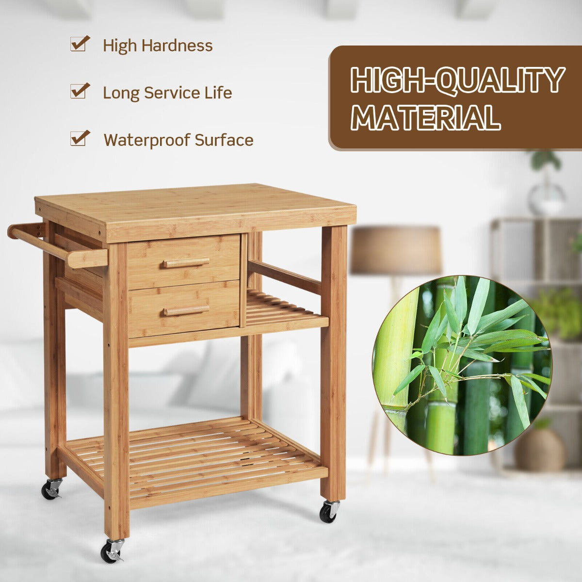 Rolling Bamboo Kitchen Island Cart with Drawers & Shelves for Dining Room
