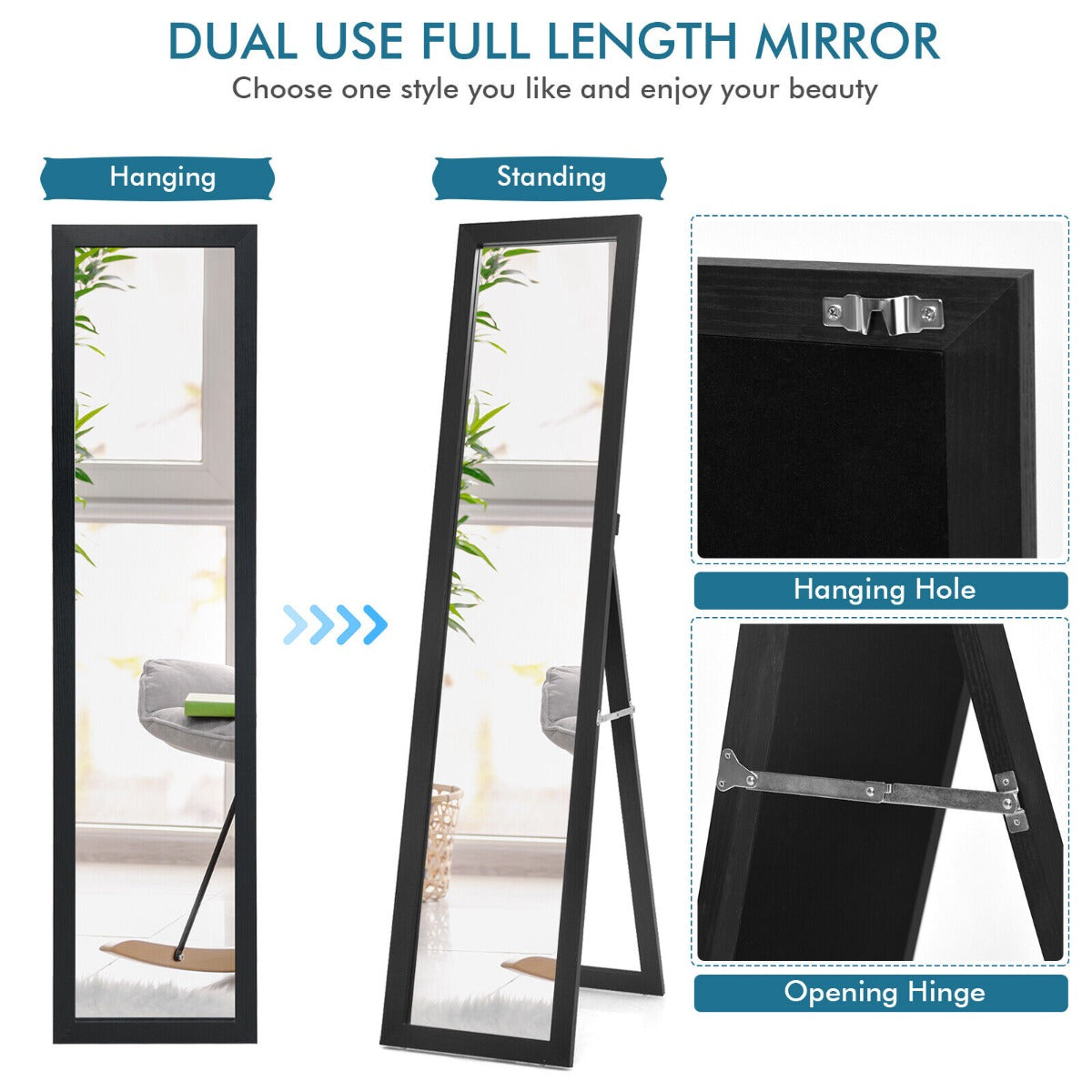Full-length Wood Mirror with Wooden Frame-Black