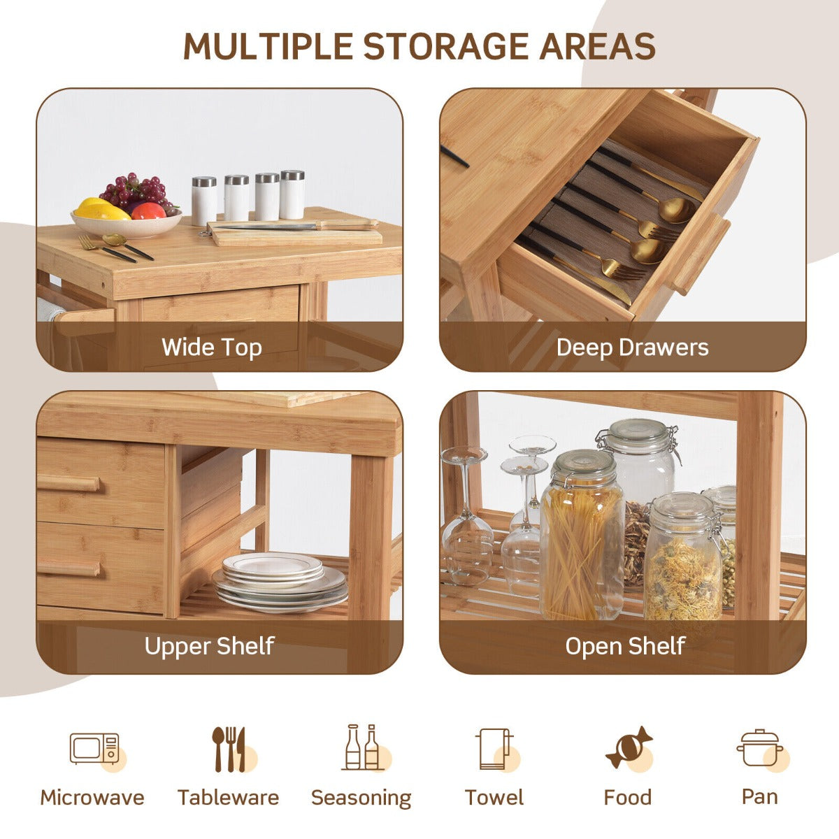 Rolling Bamboo Kitchen Island Cart with Drawers & Shelves for Dining Room