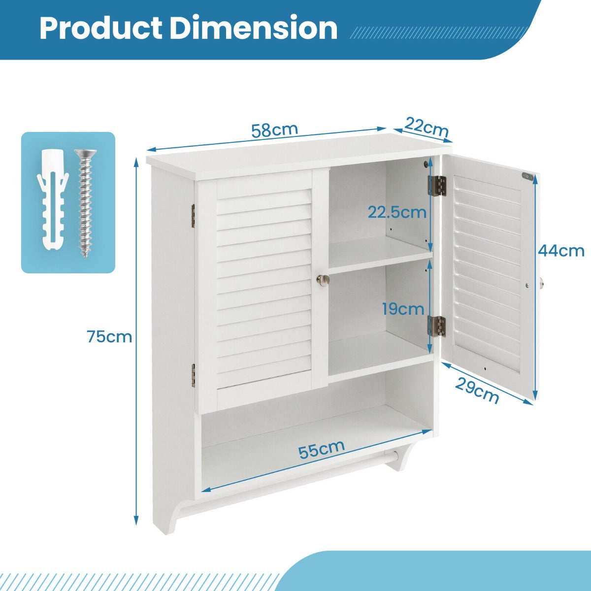 Bathroom Wall Cabinet with 2 Louvered Doors-White