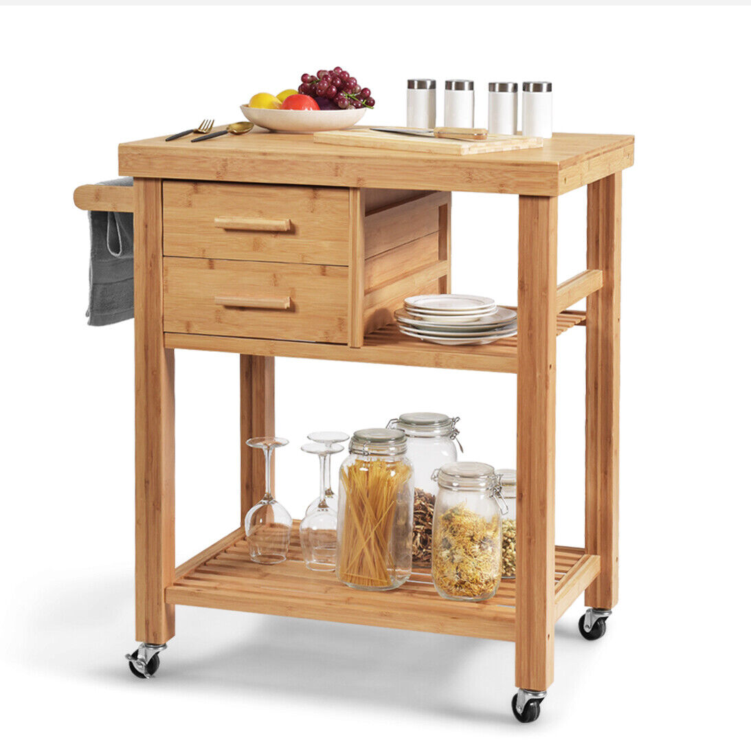 Rolling Bamboo Kitchen Island Cart with Drawers & Shelves for Dining Room