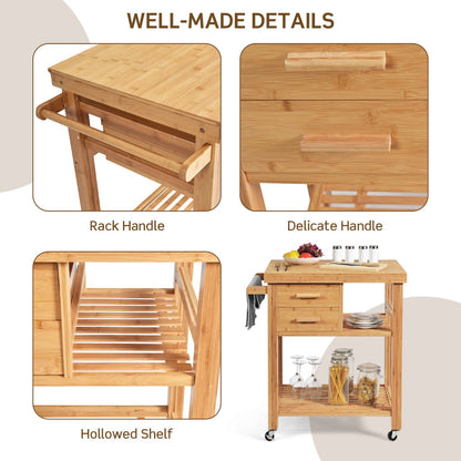 Rolling Bamboo Kitchen Island Cart with Drawers & Shelves for Dining Room
