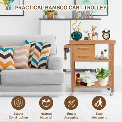 Rolling Bamboo Kitchen Island Cart with Drawers & Shelves for Dining Room