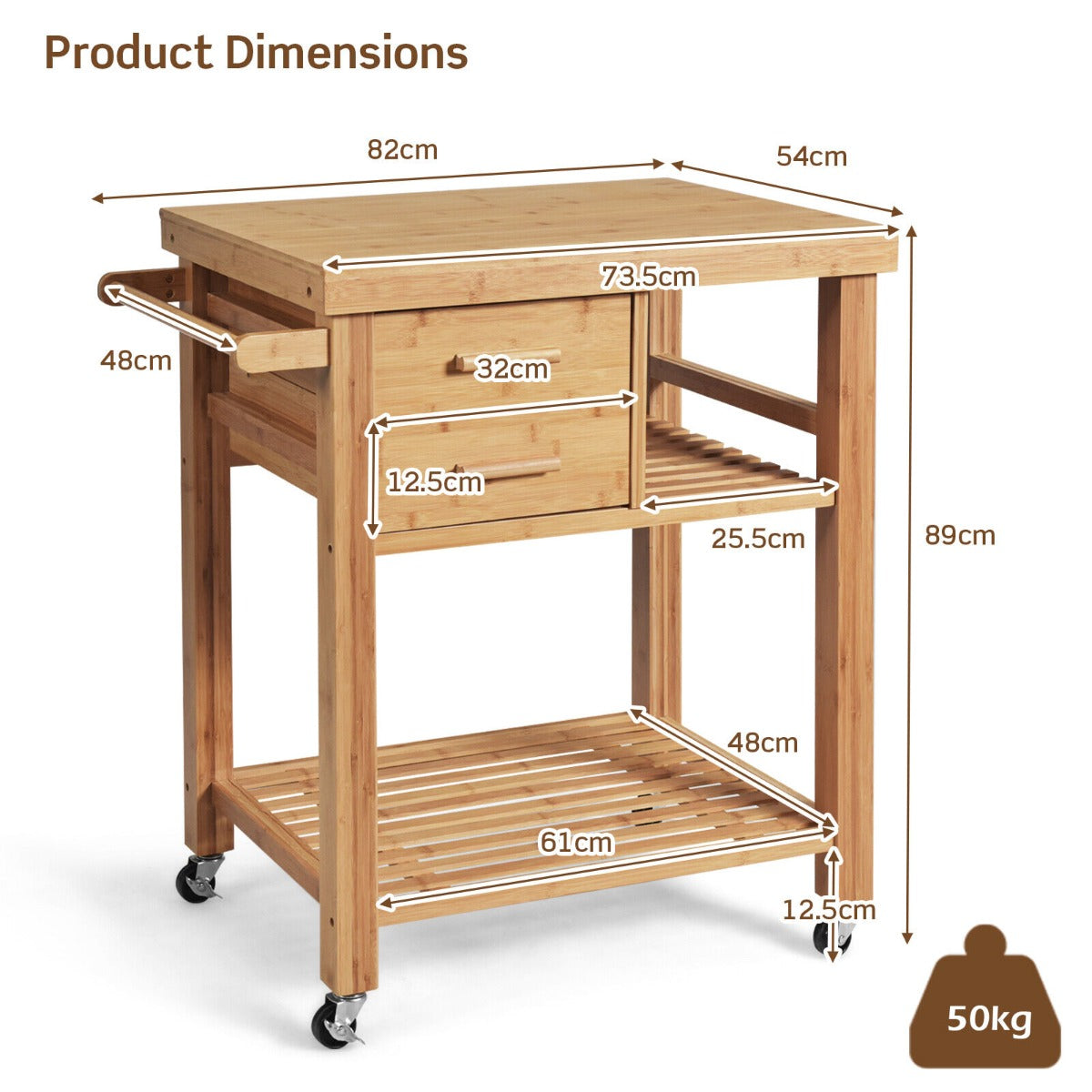 Rolling Bamboo Kitchen Island Cart with Drawers & Shelves for Dining Room