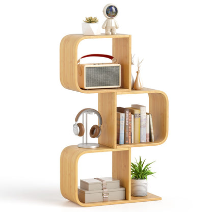 S-Shaped Bamboo Bookcase with 2 Open Cubes-Natural-3-Tier