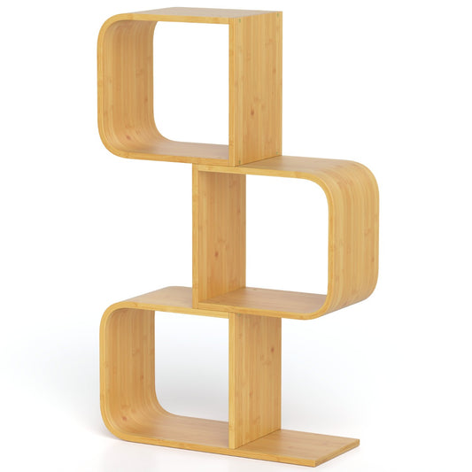 S-Shaped Bamboo Bookcase with 2 Open Cubes-Natural-3-Tier
