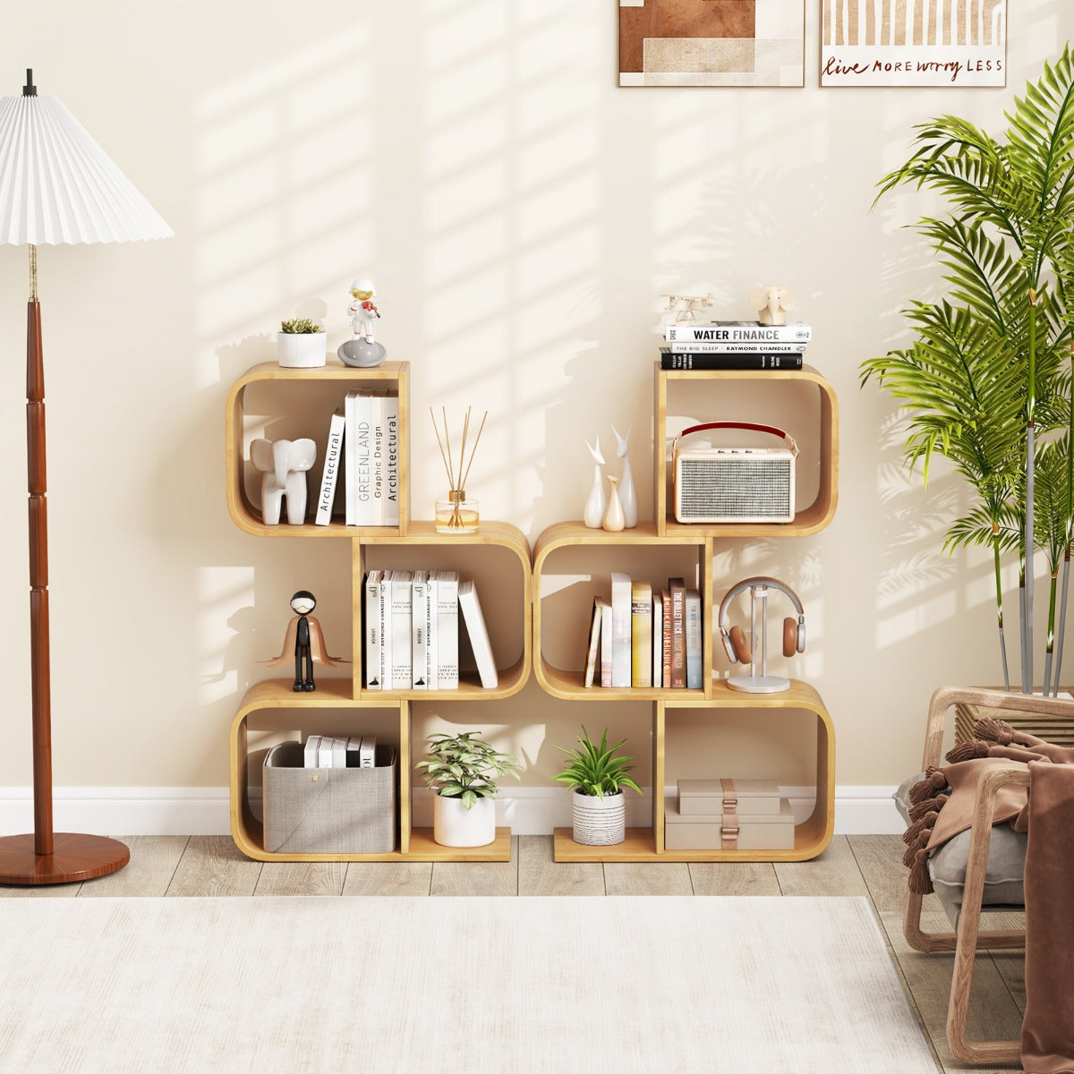 S-Shaped Bamboo Bookcase with 2 Open Cubes-Natural-3-Tier