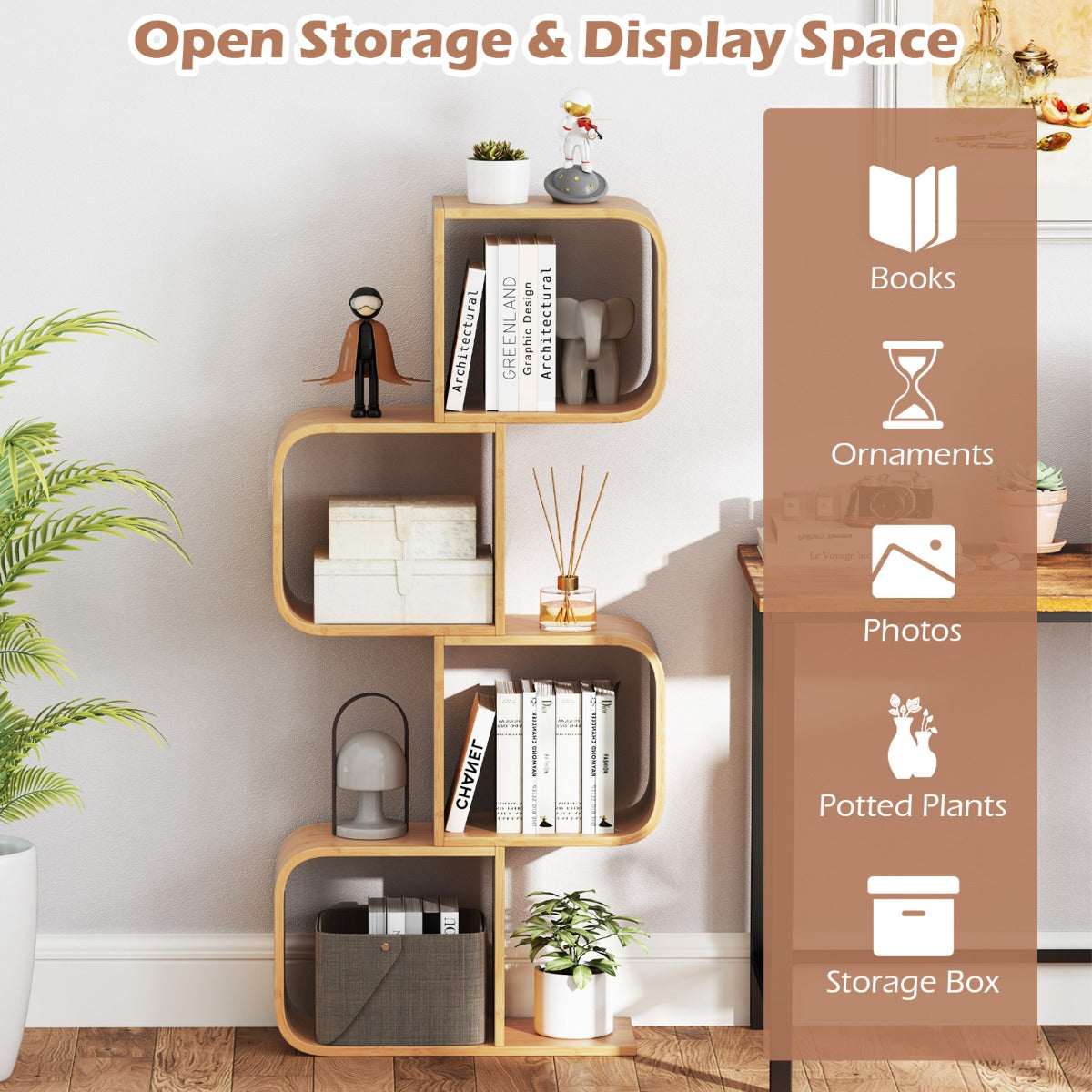 S-Shaped Bamboo Bookcase with 2 Open Cubes-Natural-4-Tier