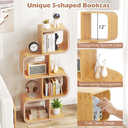 S-Shaped Bamboo Bookcase with 2 Open Cubes-Natural-4-Tier