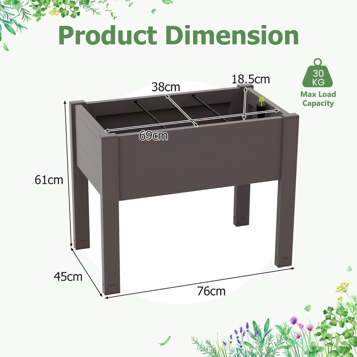 53-liter self-watering raised garden bed with removable dividers for vegetables, herbs, and flowers