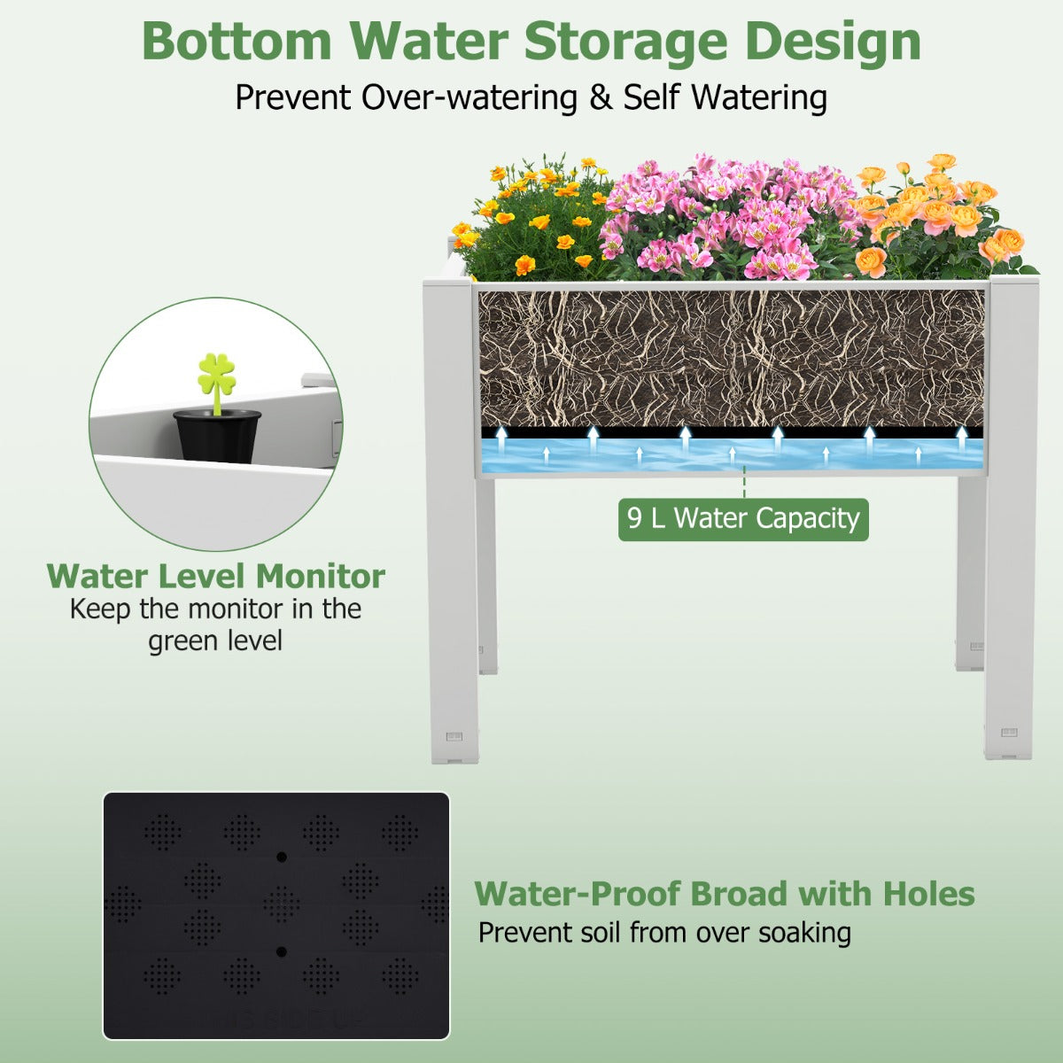 Removable dividers customize the planting area for different vegetables, herbs, flowers, and plants