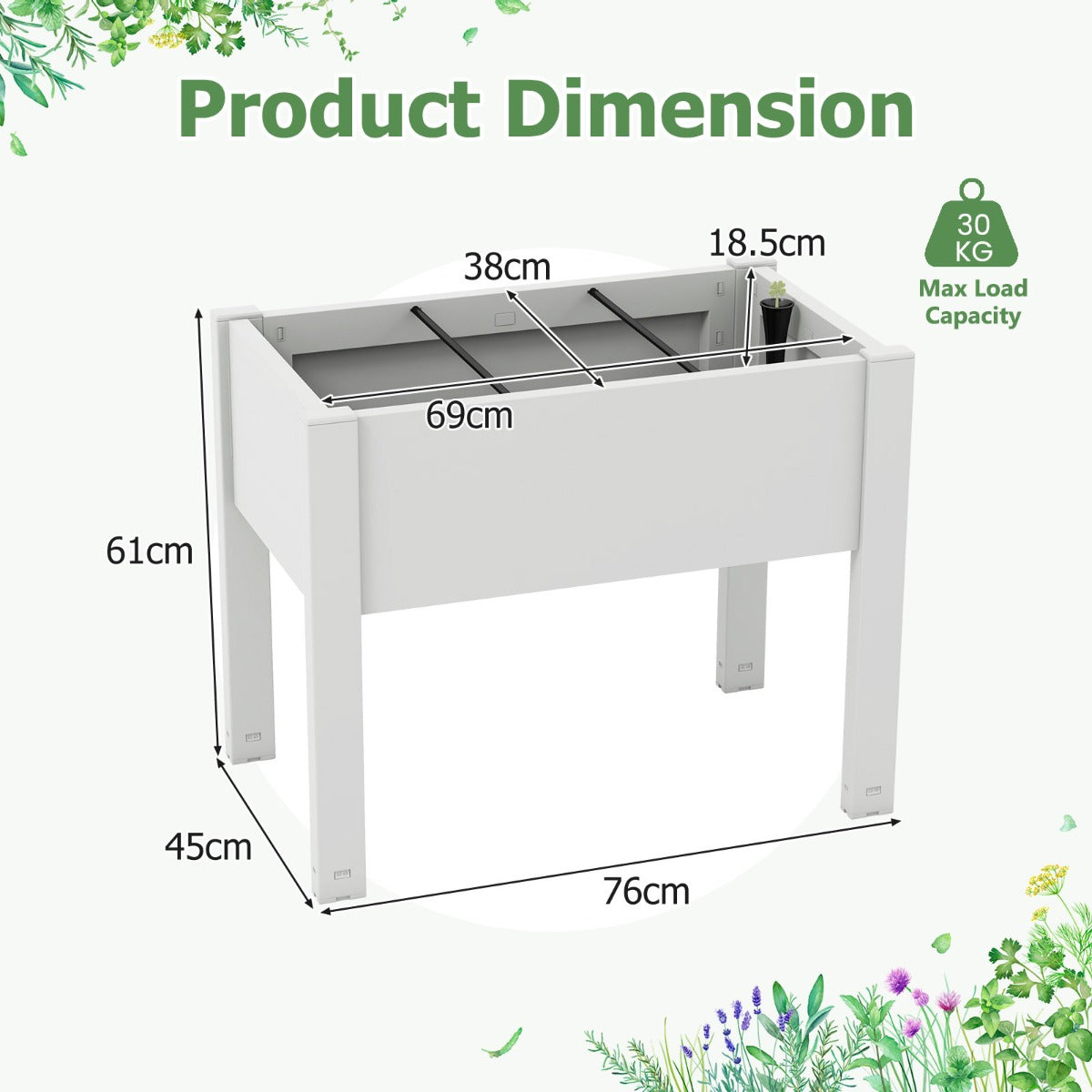 53-liter self-watering raised garden bed with removable dividers for vegetables, herbs, and flowers