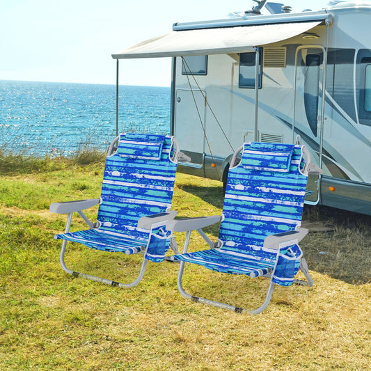 Backpack Beach Chair Set of 2 Foldable 5-Position Lay Flat Lounge Chair-Blue-Set of 2