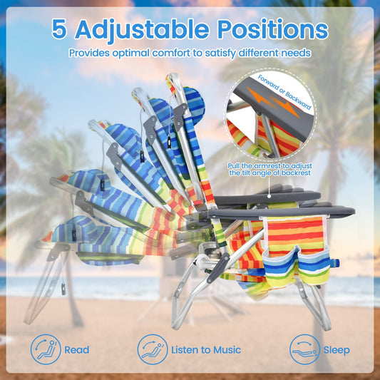 Costway Set of 2 Folding Beach Chair Set with Headrest and Cup Holder-Multicolor