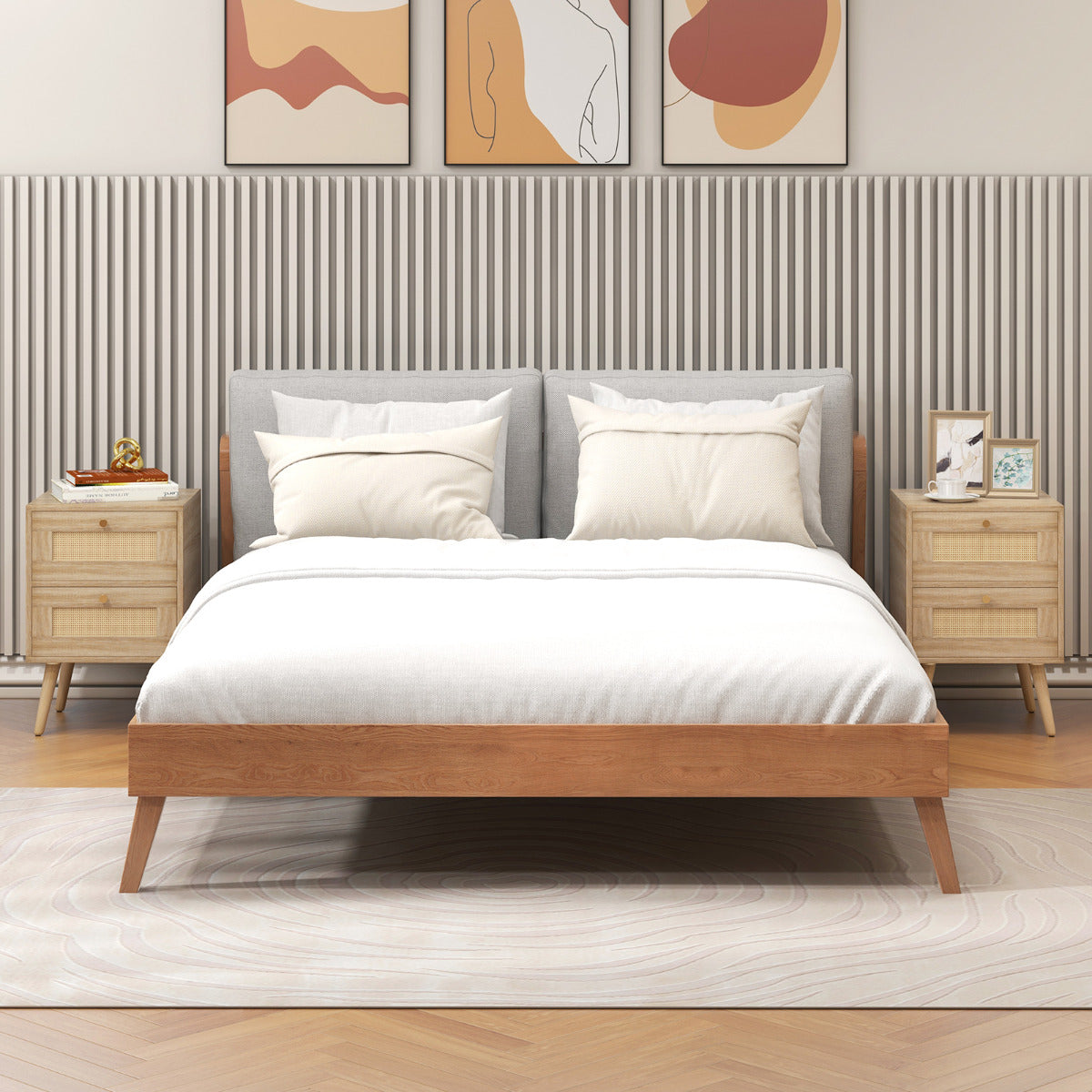 Set of 2 Rattan Nightstand with 2 Storage Drawers-Natural
