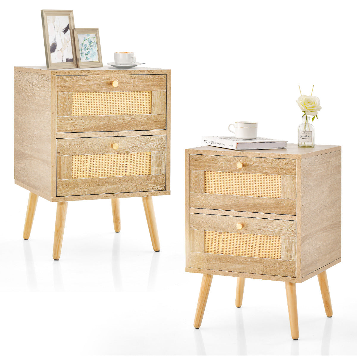 Set of 2 Rattan Nightstand with 2 Storage Drawers-Natural