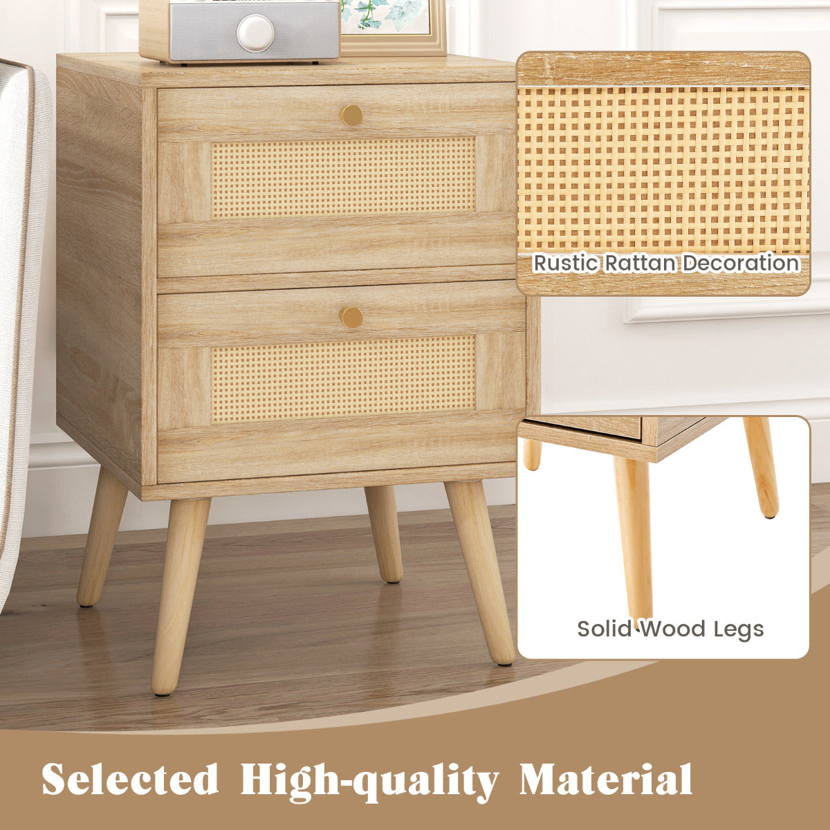Set of 2 Rattan Nightstand with 2 Storage Drawers-Natural