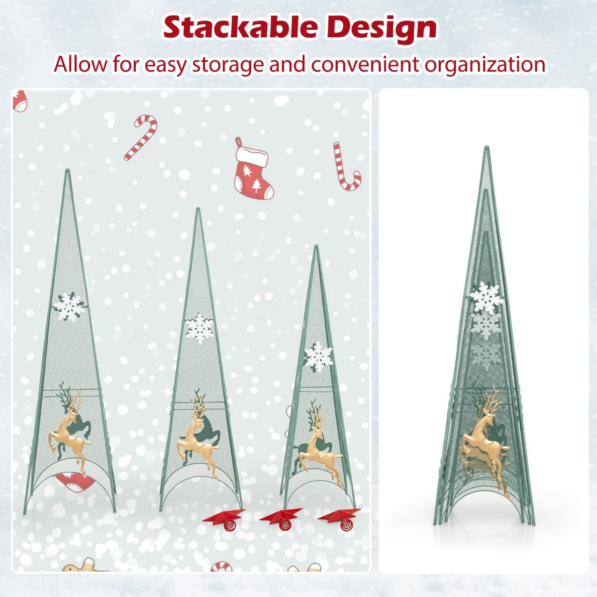 Set of 3 Tower Shaped Christmas Trees with Removable Star Toppers