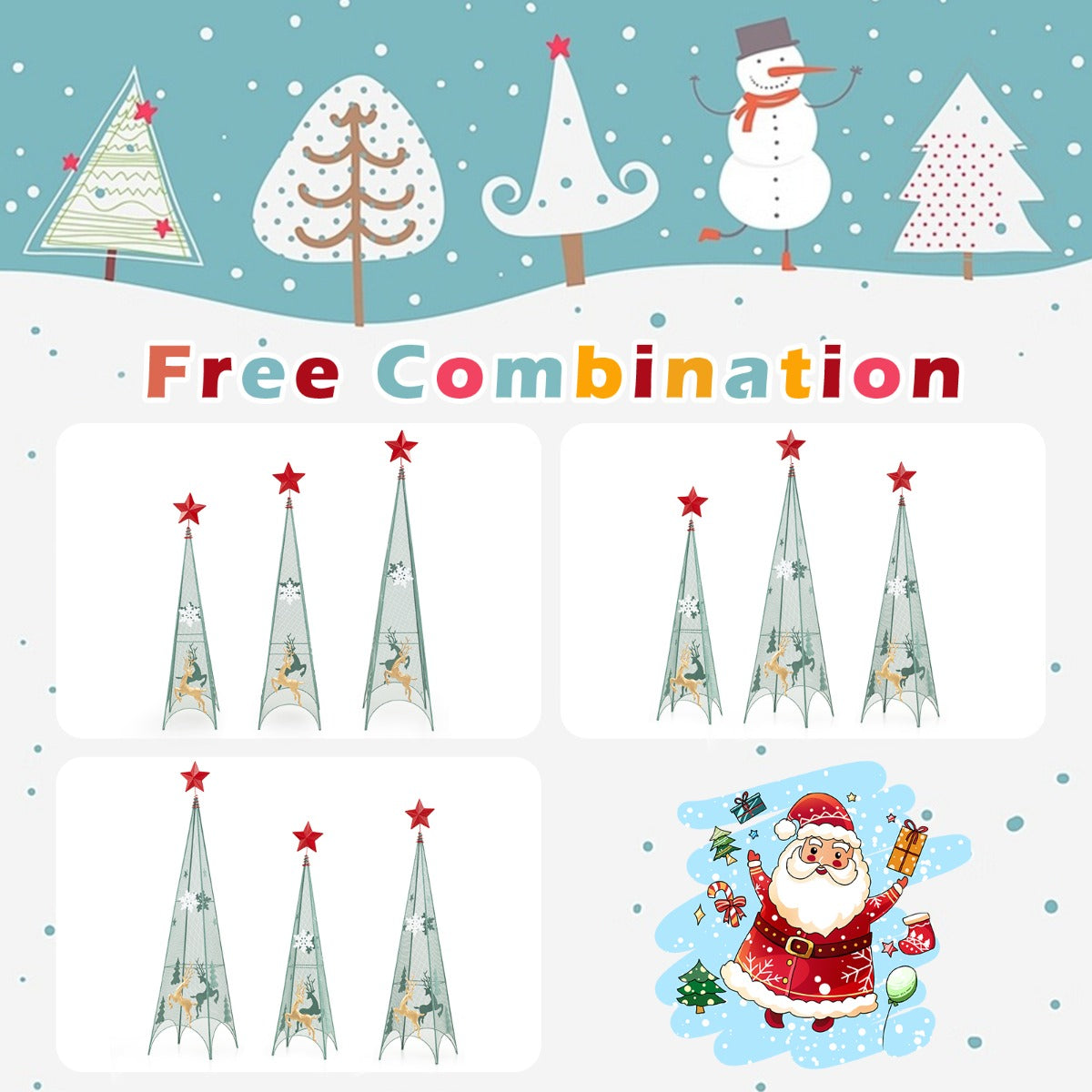Set of 3 Tower Shaped Christmas Trees with Removable Star Toppers