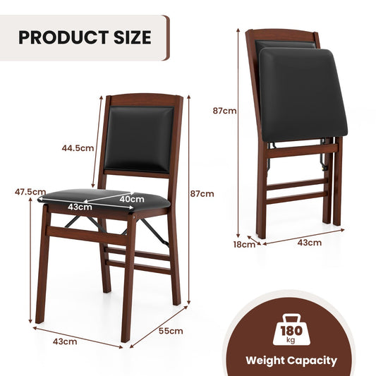 Black and brown folding dining chairs with solid rubber wood frames and padded PVC leather seats