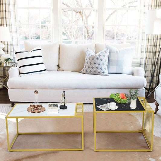 Costway Set of 2 Modern Coffee Table Set Stackable with Faux Marble Tabletop