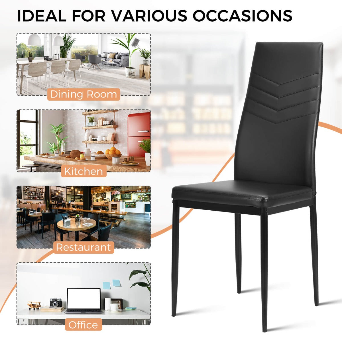 Set of 4 Dining Chairs Armless PVC Leather Seats with Upholstered Cushion-Black