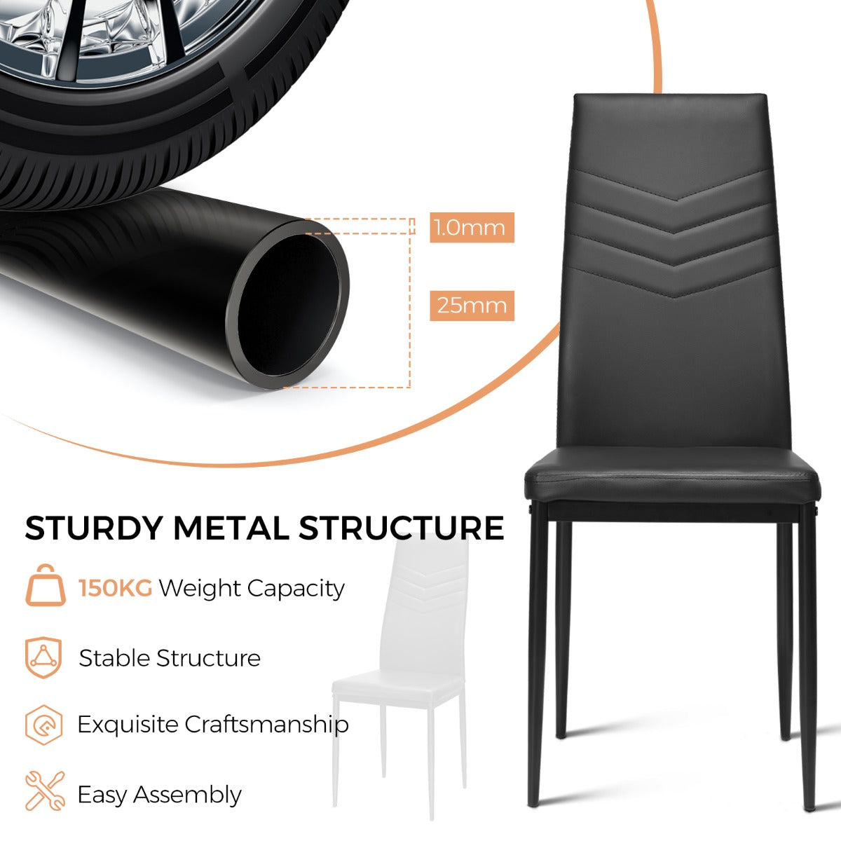 Set of 4 Dining Chairs Armless PVC Leather Seats with Upholstered Cushion-Black
