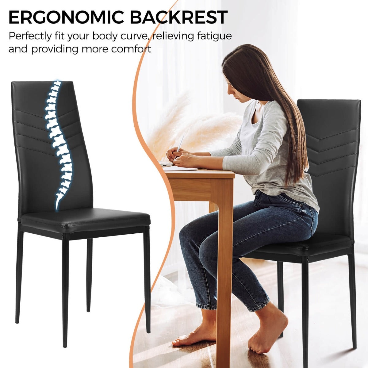 Set of 4 Dining Chairs Armless PVC Leather Seats with Upholstered Cushion-Black