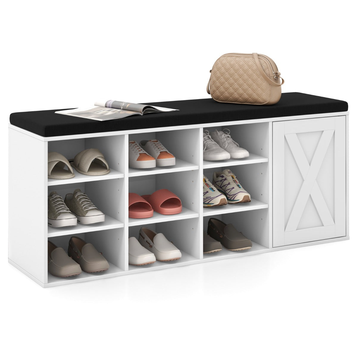 Shoe Bench with Height-Adjustable Shelves and Removable Cushion
