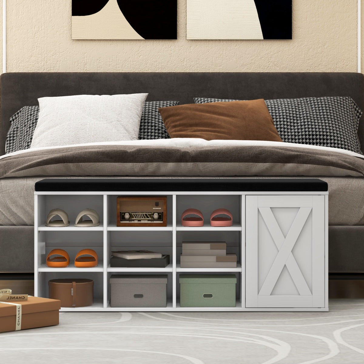 Shoe Bench with Height-Adjustable Shelves and Removable Cushion