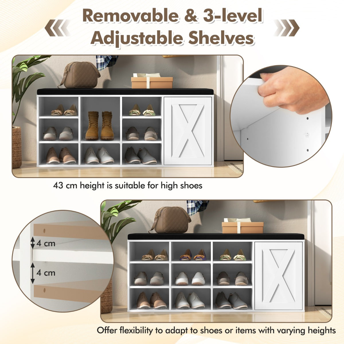 Shoe Bench with Height-Adjustable Shelves and Removable Cushion