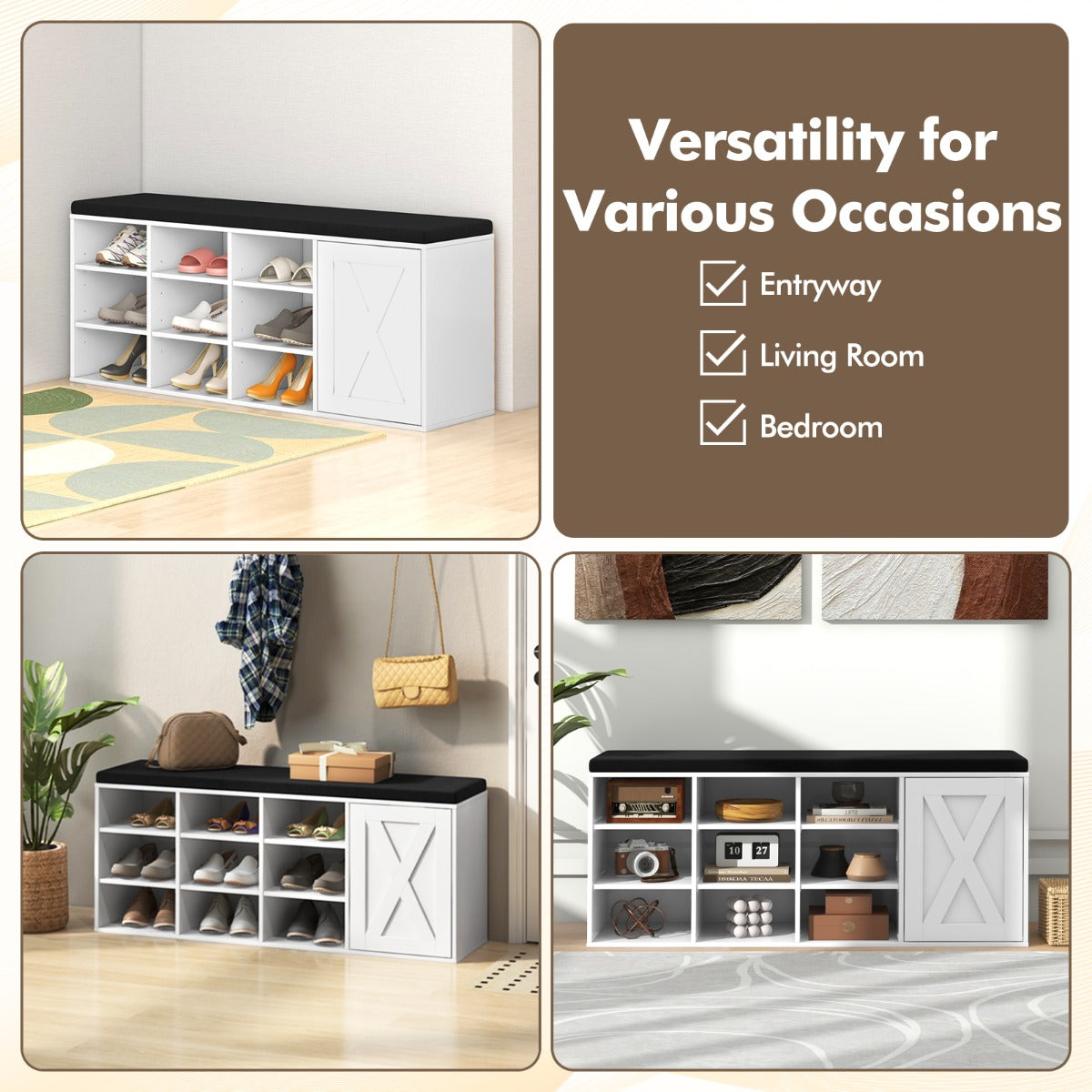 Shoe Bench with Height-Adjustable Shelves and Removable Cushion