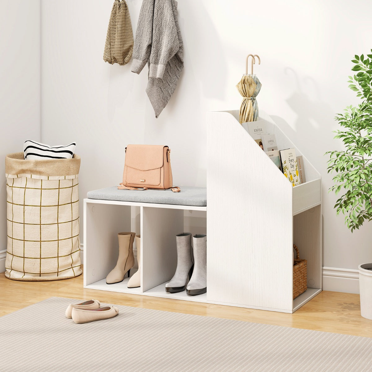 Shoe Storage Bench with Removable Seat Cushion and 3 Bottom Cubbies-White