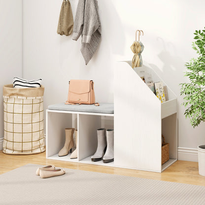 Shoe Storage Bench with Removable Seat Cushion and 3 Bottom Cubbies-White
