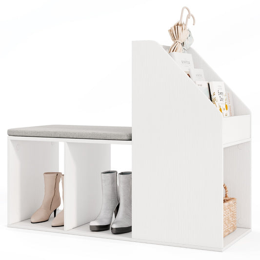Shoe Storage Bench with Removable Seat Cushion and 3 Bottom Cubbies-White