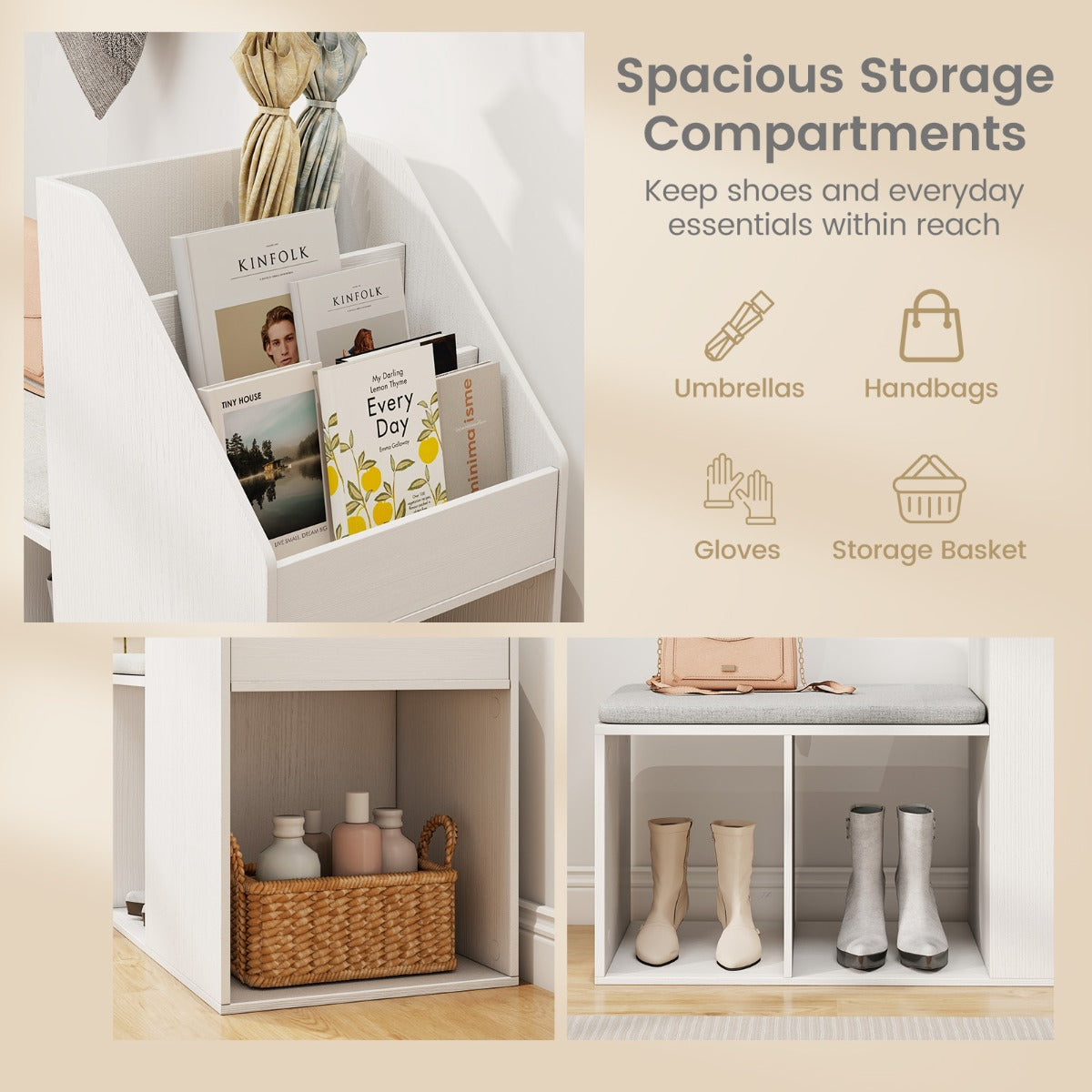 Shoe Storage Bench with Removable Seat Cushion and 3 Bottom Cubbies-White