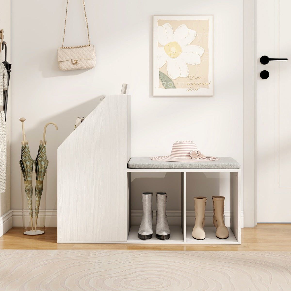 Shoe Storage Bench with Removable Seat Cushion and 3 Bottom Cubbies-White