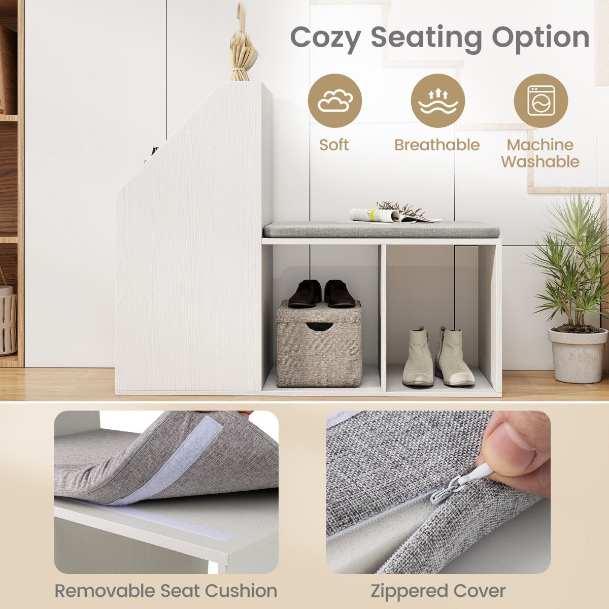 Shoe Storage Bench with Removable Seat Cushion and 3 Bottom Cubbies-White