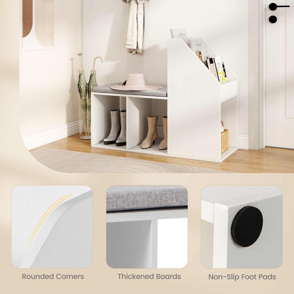 Shoe Storage Bench with Removable Seat Cushion and 3 Bottom Cubbies-White
