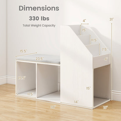 Shoe Storage Bench with Removable Seat Cushion and 3 Bottom Cubbies-White