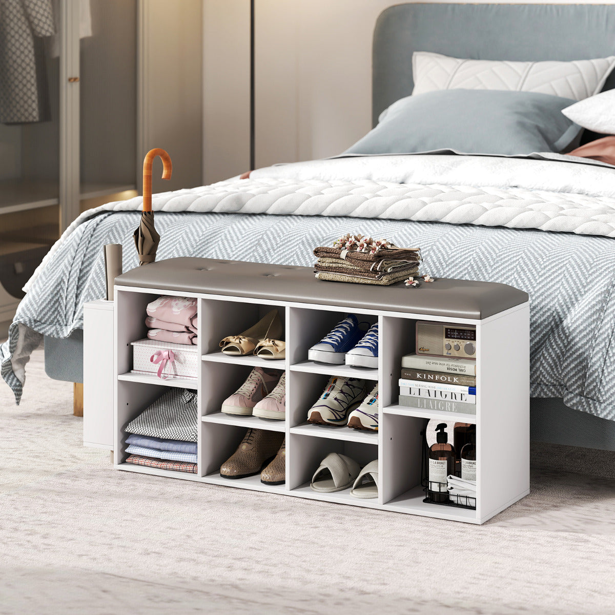 Shoe Storage Bench with Umbrella Stand-White