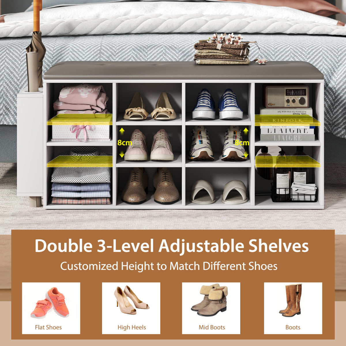 Shoe Storage Bench with Umbrella Stand-White