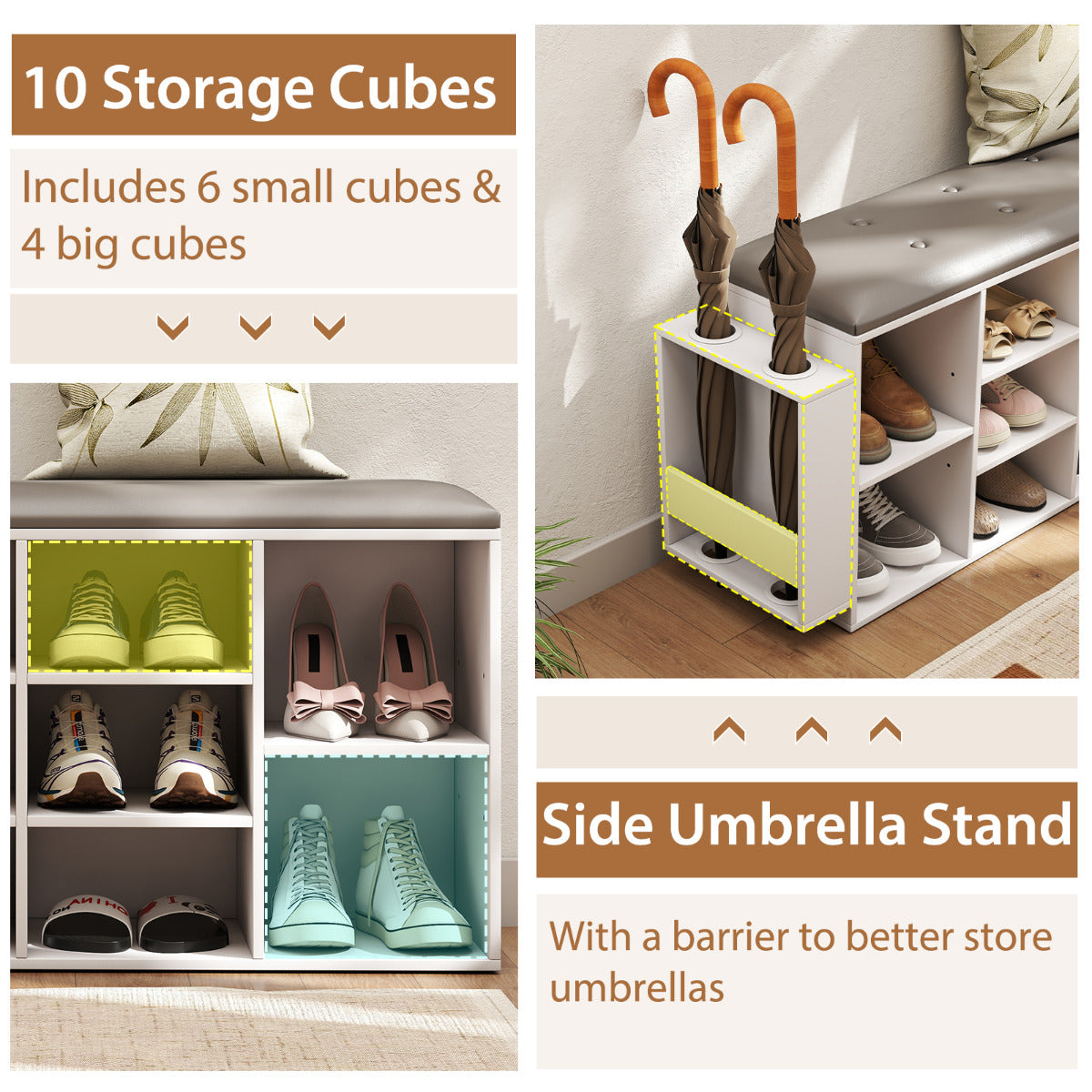 Shoe Storage Bench with Umbrella Stand-White