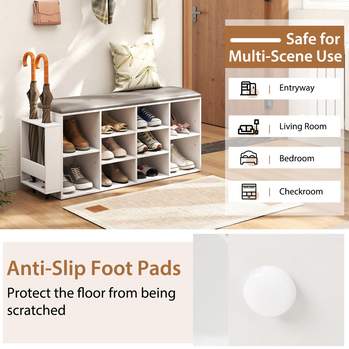 Shoe Storage Bench with Umbrella Stand-White