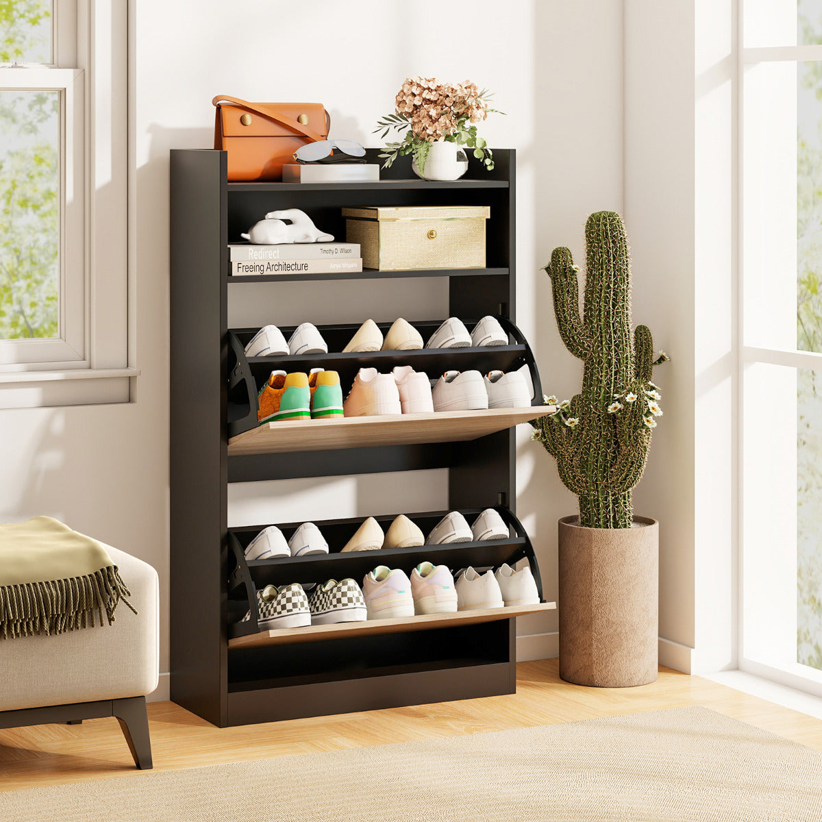 Shoe Storage Cabinet with Open Storage and 2 Flip Drawers-Black