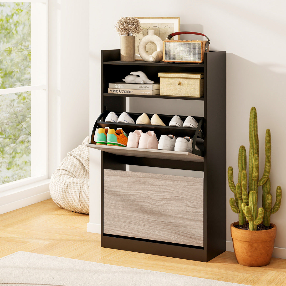 Shoe Storage Cabinet with Open Storage and 2 Flip Drawers-Black