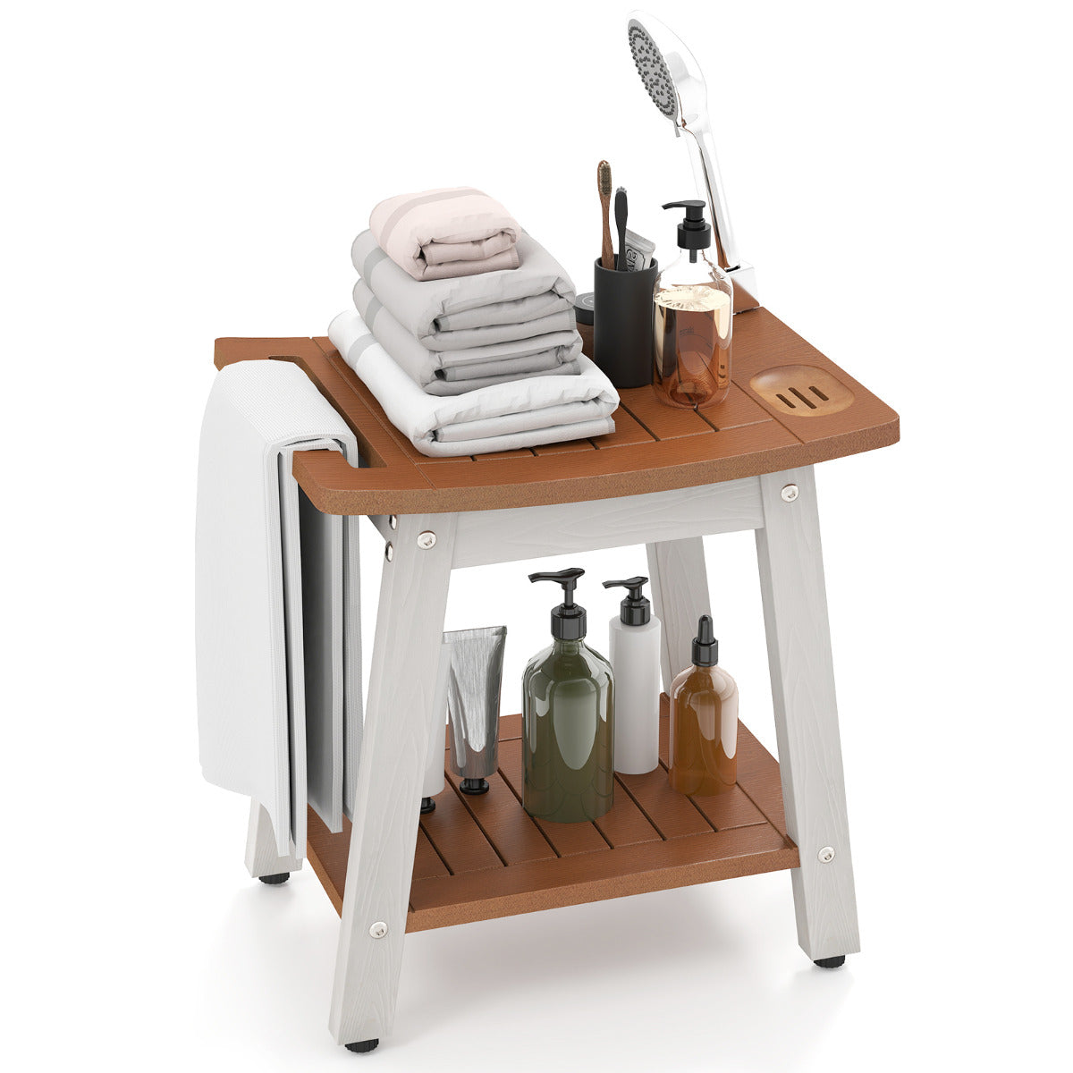 Shower Bench Seat with Handle and Storage Shelf-Brown
